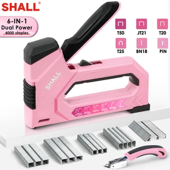 SHALL Розовый/ Синий Пистолет Для ногтей 6-в-1 Степлер для Обивки мебели с 4000 шт. Скобами и Средством Для Снятия Степлера Двухмощный Степлерный Пистолет Для Дома DIY Tools