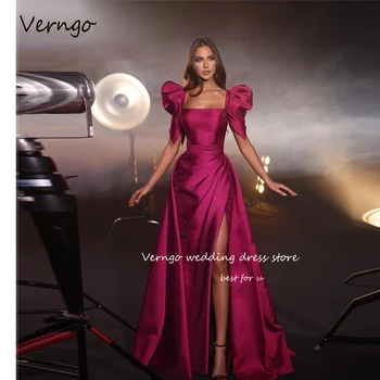 Verngo 2023 Модные Вечерние платья из атласа цвета Фушия со съемным шлейфом, квадратным вырезом и пышными рукавами, Женские вечерние платья для выпускного вечера в Дубае