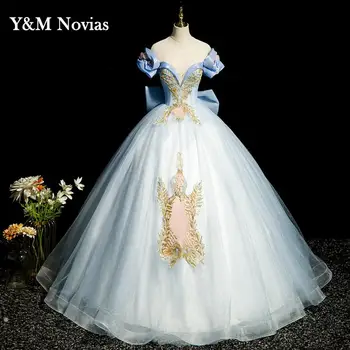 Y & m Новые Блестящие Синие Пышные Платья Tull Sweetheart Для Вечеринки Vestidos 15 Anos Pastrol Бальное Платье с Бантом Пышное Платье