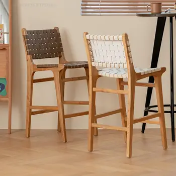 Барные стулья из массива дерева в японском стиле для кухни, простые барные стулья роскошного плетения, креативные вставки, высокий стул со спинкой, барный стул