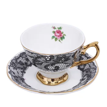 Британский Английский послеобеденный чай Кофейная чашка из костяного Фарфора с блюдцем и черным кружевным узором, керамическая десертная тарелка для ужина, набор кофейной посуды