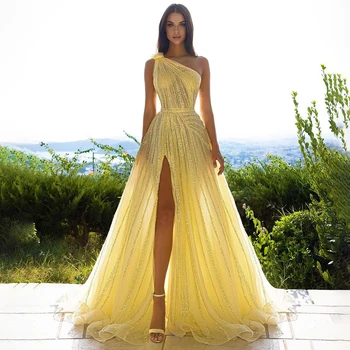 Вечерние платья Serene Hill желтого цвета с накидкой на одно плечо и рукавом 2023, роскошные платья трапециевидной формы с бисером для женщин, вечеринка CLA71671