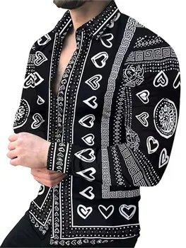 Высококачественная модная мужская повседневная рубашка с принтом в виде сердца, мужские черные блузки с длинным рукавом, осенние уличные топы