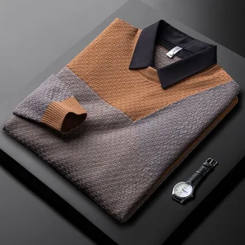 Высококлассный дизайн, контрастный цвет, жаккардовые поддельные два свитера, воротник мужской рубашки, зимний толстый корейский модный повседневный вязаный пуловер