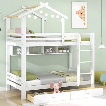 Двухъярусная кровать с выдвижными ящиками и полками, домашняя кровать с 3-ступенчатой прямоугольной лестницей, Детская кровать с защитой от падения