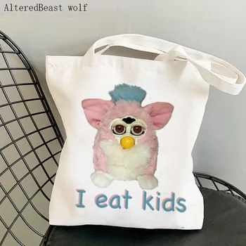 Женская сумка для покупок Furby I Eat Kids, напечатанная на заказ, холщовая сумка для покупок Harajuku, холщовая сумка для покупок для девочек, сумка через плечо