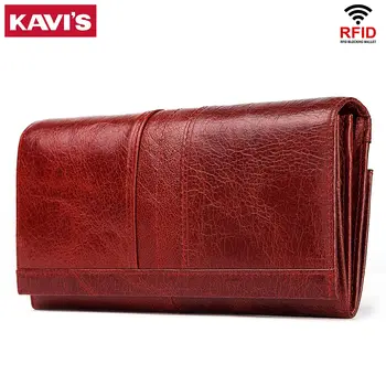 Женские кошельки из натуральной кожи KAVIS, модный длинный клатч, сумка для денег с карманом для телефона, RFID-держатель для женской кредитной карты, красный