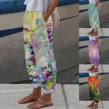 Женские повседневные домашние Длинные брюки с рисунком в виде цветка Одуванчика с карманом и высокой талией, женские хлопковые Женские повседневные брюки, Зимние