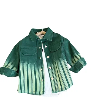 Зеленый градиентный корейский топ, детская одежда, детская куртка, джинсовые куртки для мальчиков, весна-осень 2023, пальто для девочек