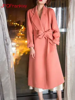 Зимнее женское пальто, Высококачественное Двустороннее кашемировое пальто, Женское осенне-зимнее длинное пальто выше колена, Красное тонкое твидовое пальто Tide 2023