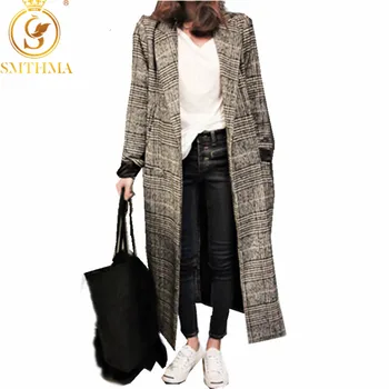 Зимнее твидовое шерстяное пальто для подиума SMTHMA 2022, женская куртка и повседневное однобортное длинное клетчатое пальто Abrigo Mujer с решеткой
