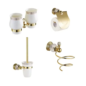 Золотой набор оборудования для ванной комнаты с кристаллами, Европейская Вешалка для полотенец, щетка для унитаза, сушилка для волос, Настенные Аксессуары для ванной комнаты