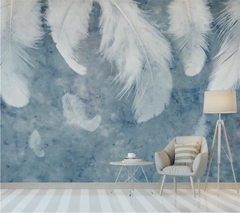 Изготовленная на Заказ фреска 3d Nordic Простая Красивая Синяя Акварель фотообои Фон телевизора Стена Обои из белого пера в гостиной и спальне