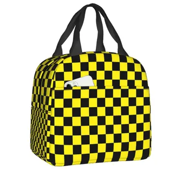Изготовленная на заказ черно-желтая клетчатая сумка для ланча, женская сумка-холодильник, теплые изолированные ланч-боксы для детей школьного возраста