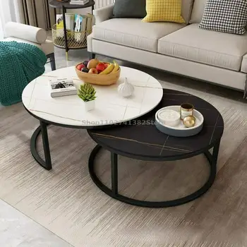 Итальянская простая каменная плита; семейная гостиная; круглый простой журнальный столик; квартира; роскошный журнальный столик; комбинированный маленький столик