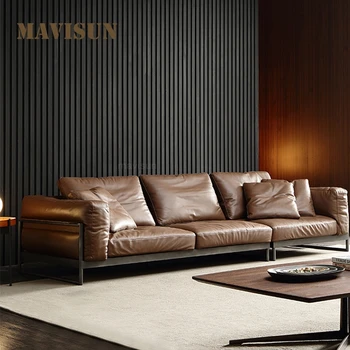 Итальянский минималистичный кожаный диван для гостиной, современный коричневый диван с деревянным каркасом, латексный диван, мебель 190 см