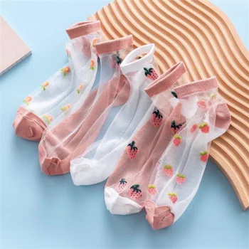 Кавайные клубничные женские сетчатые носки до щиколотки из прозрачной эластичной сетчатой пряжи, тонкие классные носки для девочек