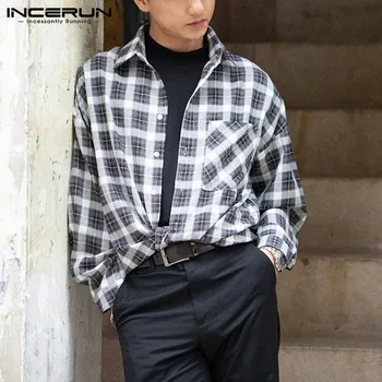 Карманы в корейском стиле Camisa INCERUN, мужские клетчатые рубашки для отдыха, сорочка с длинным рукавом и отложным воротником, Мужская повседневная блузка на пуговицах в сетку