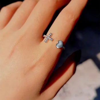 Классические Женские кольца с цирконом в форме сердца и креста Серебристого цвета, модные кольца с регулируемым крестом на пальцах, Блестящие Корейские Элегантные украшения