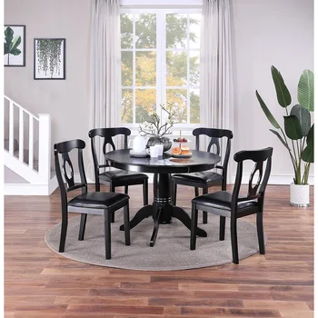Классический дизайн Столовой, набор из 5 предметов, Круглый стол, 4 боковых стула, Тканевая обивка сидений, мебель из прорезиненного дерева Черного цвета