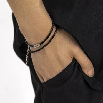 Кожаный веревочный мужской браслет Ручной работы, модный простой двухслойный шнурок из титановой стали, маленький квадратный браслет