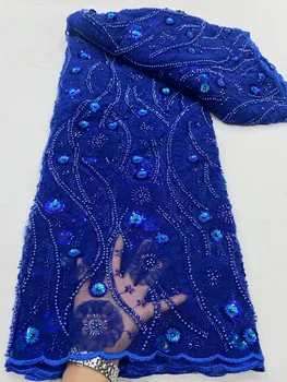 Королевский синий Французский Роскошный Тюль с блестками, кружевная ткань ручной работы в Африканском стиле, высококачественный бисер и жемчуг, ткань для женского вечернего платья
