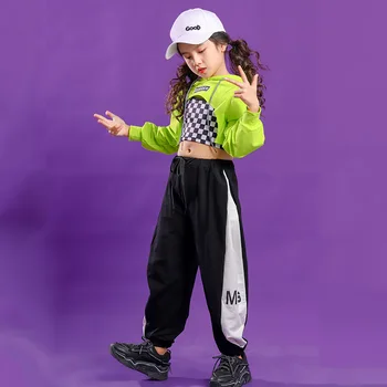 Костюм в стиле хип-хоп для девочек, зеленая толстовка с капюшоном, укороченный топ, футболка, жилет, повседневные брюки, детская карнавальная одежда для джазовых танцев, уличная одежда