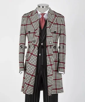 Красно-черный блейзер в клетку, пальто в клетку, осенне-зимний мужской костюм из плотной шерсти, куртка с большим отворотом на заказ, Всего 1 шт