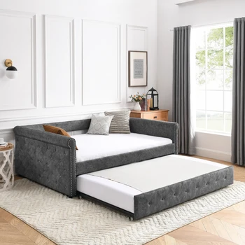 Кушетка с мягким ворсистым диваном-кроватью, с кнопкой и медным гвоздем на подлокотниках, Полная кушетка и двойная кушетка, серый