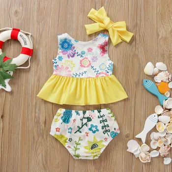 Летний комплект одежды для малышей из 3 предметов с мультяшным бантом, летний комплект бикини для маленьких девочек, купальники, купальный костюм с повязками на голову