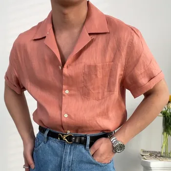 Летняя льняная рубашка с кубинским воротником и короткими рукавами, дышащая однотонная рубашка для пляжного отдыха, свободный топ в стиле ретро, Повседневная одежда для дома