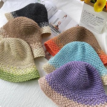 Летняя шляпа с зонтиком, соломенная плетеная соломенная шляпа ручной работы, вязаная крючком, контрастная по цвету женская пляжная лоскутная шляпа рыбака