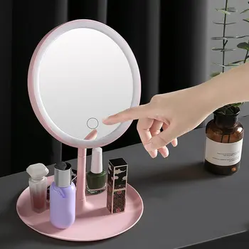 Лоток для хранения зеркала для макияжа, светодиодное зеркало для лица, трехцветный сенсорный экран с регулируемой яркостью, USB-светодиодное зеркало для туалетного столика с подсветкой, настольное косметическое зеркало