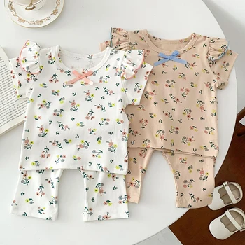 Милая одежда для маленьких девочек, костюм, комплект одежды для маленьких девочек, Летняя футболка с коротким рукавом и цветочным принтом + брюки, 2 шт.