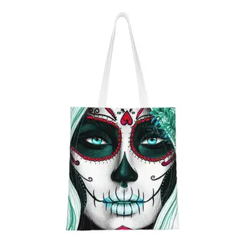 Многоразовая сумка-шоппер для девочек с сахарным черепом, женская холщовая сумка-тоут на плечо, портативные сумки-шопперы Queen Of The Dead, продуктовые сумки для покупок