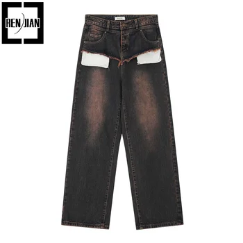 Модные винтажные джинсовые брюки Hi Street свободного кроя, джинсовые брюки Harajuku в стиле ретро, ковбойские штаны Y2K в стираном стиле