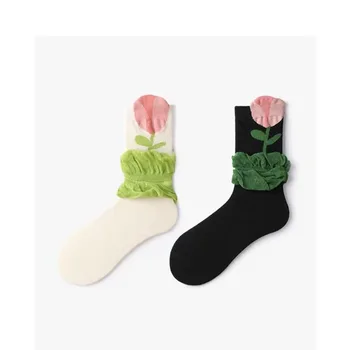 Модные персонализированные женские носки со средним рукавом в объемный цветок, Универсальные повседневные хлопчатобумажные носки для девочек в цветочек с зелеными листьями