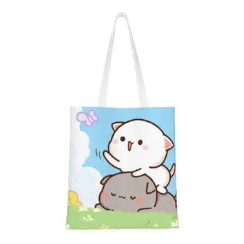 Модные сумки с принтом в виде персика и Гомы, романтические сумки для покупок с котом Моти, прочная холщовая сумка для покупок через плечо