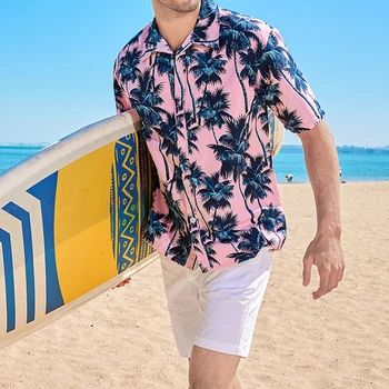 Мужская летняя новая повседневная рубашка с короткими рукавами 2023, свободная тонкая куртка для пляжного отдыха в гавайской кокосовой пальме, мужская одежда