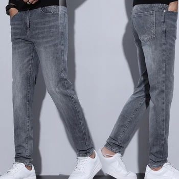 Мужские брюки 2023 года, тонкие прямые весенне-осенние повседневные новые джинсы из денима, маленькие ножки, простые