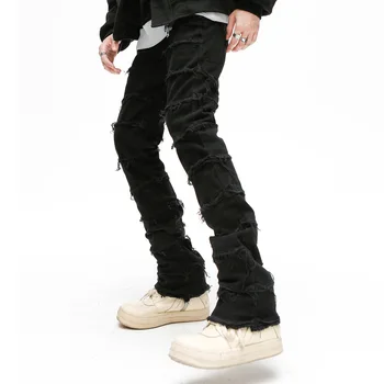 Мужские расклешенные брюки в стиле пэчворк в стиле ретро, Гранж, рваные длинные брюки, прямые Y2k, мешковатые, застиранные, выцветшие джинсы для мужчин
