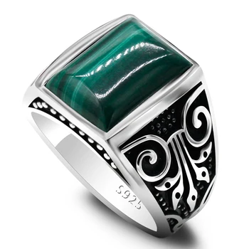 Мужское малахитовое кольцо из стерлингового серебра 925 пробы, натуральное прямоугольное кольцо с зеленым драгоценным камнем, мужские и женские винтажные турецкие украшения Lucky Jewelry