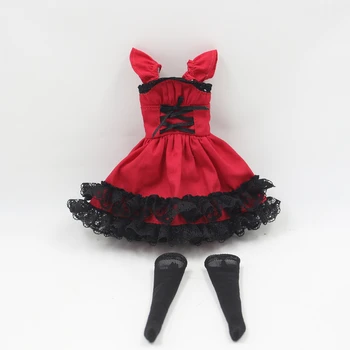 Наряды для куклы Блит, красное платье горничной с черными кружевами, включая милый костюм для чулок 1/6 BJD