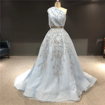 Настоящее Новейшее Высококачественное вечернее платье небесно-голубого цвета, расшитое крупными бусинами с кристаллами, с рукавами на одно плечо длиной до пола