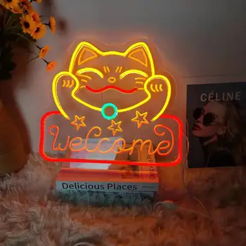 Неоновая Вывеска Fortune cat Индивидуальный Дизайн комнаты LED Lucky Cat Light Спальня Магазин Салон Студия Декор стен Бизнес-Вывеска