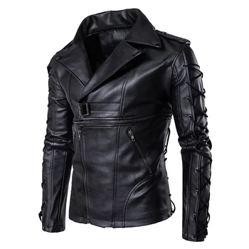Новая осенне-зимняя мужская черная куртка из искусственной кожи, модный персонализированный рукав с завязками, Красивое тонкое мотоциклетное кожаное пальто 5XL