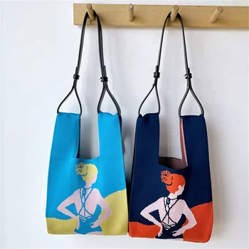 Новейшая женская вязаная сумка на запястье, модная цветовая контрастная вязаная сумка-тоут для девочек, шикарная тканая сумка в стиле ретро большой емкости