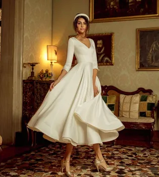 Новое поступление, Короткие Белые платья для выпускного вечера Трапециевидной формы, Элегантный Халат de soiree С V-образным вырезом, Элегантное Вечернее платье Чайной длины, Vestidos 2020, Простое