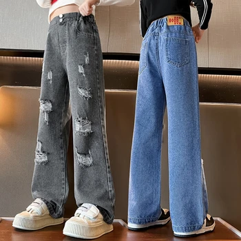 Новые джинсы для девочек, детские штаны с рваными отверстиями, мягкие джинсовые брюки, хлопковые брюки, широкие брюки с прямыми штанинами, Джинсы, детские джинсы для девочек
