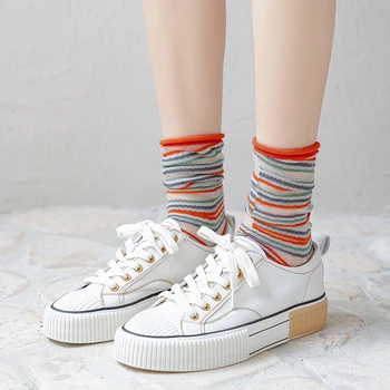 Новые модные женские носки, новинка, летние шелковые носки Harajuku с кристаллами и милым принтом в виде животных, ультратонкие прозрачные длинные носки